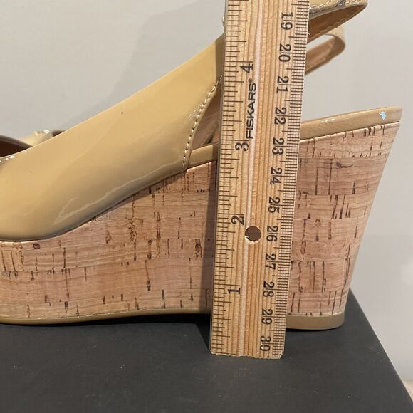 COACH Women's Tan Ferry Patent Shell Slingback Wedge Peep Toe Heels Shoes Size 7 - Picture 11 of 14